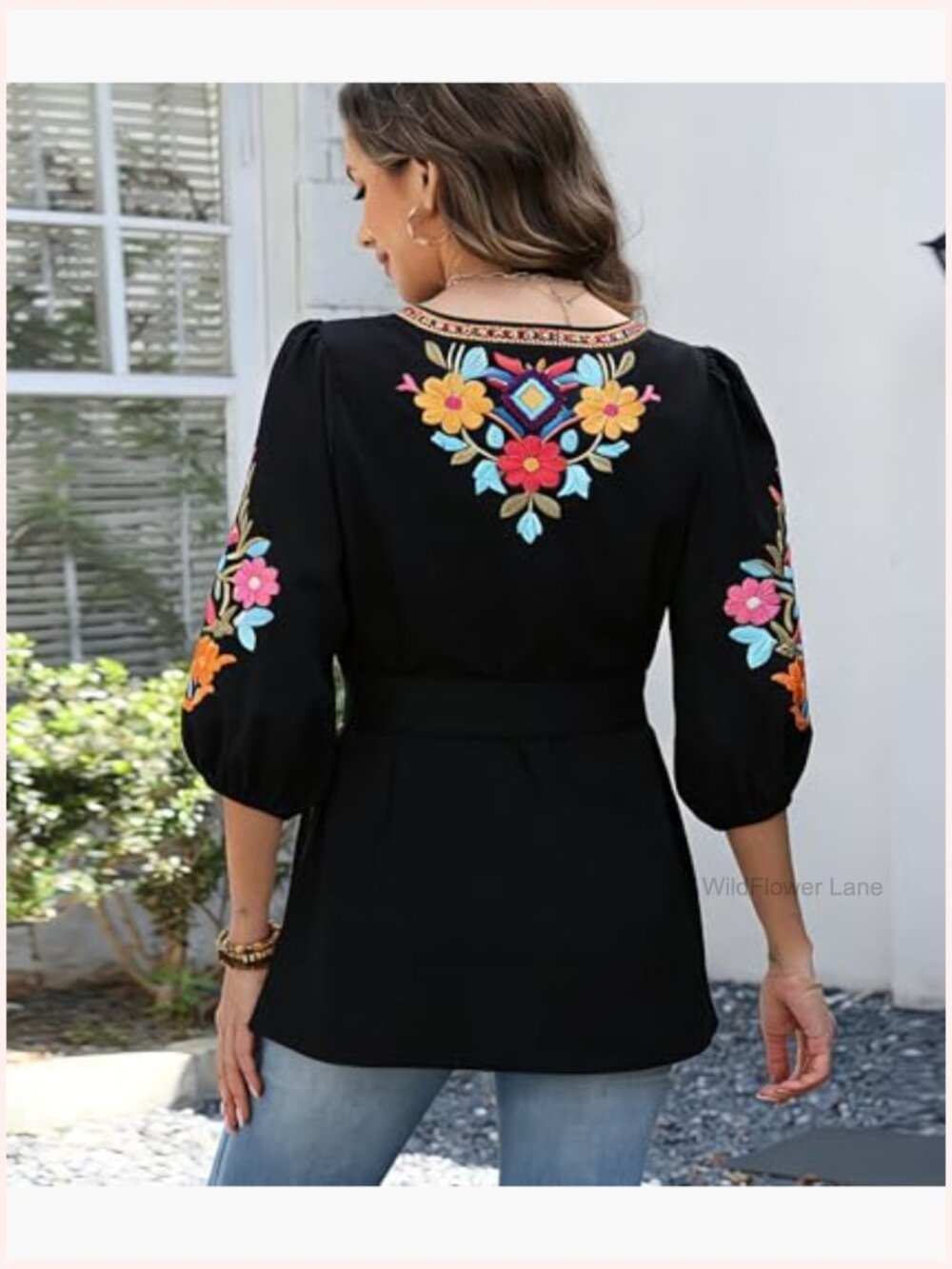 Women's Embroidered Boho Tunic Peasant Blouse 3/4 Sleeve Plus Size - Picture 6 of 6